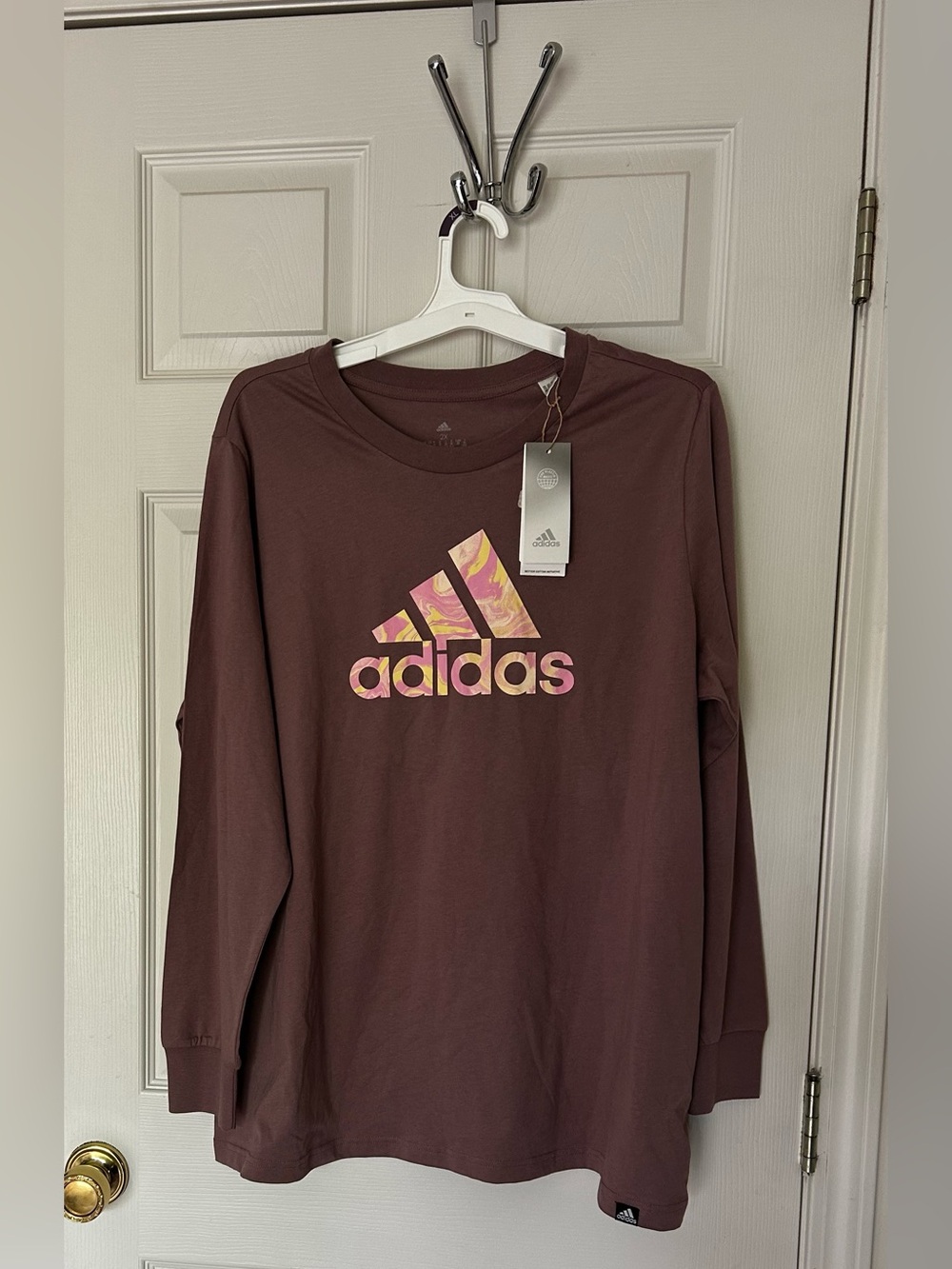 Adidas Women’s Mauve Long Sleeve Shirt with Pink and Yellow Marble Logo